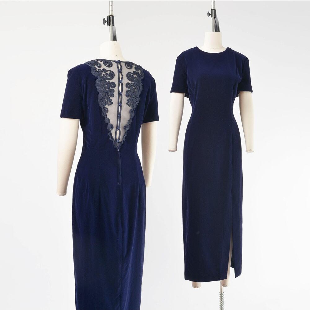 Vintage 90s Navy Velvet Sheer Embroidered Back Formal Evening Maxi Dress M L